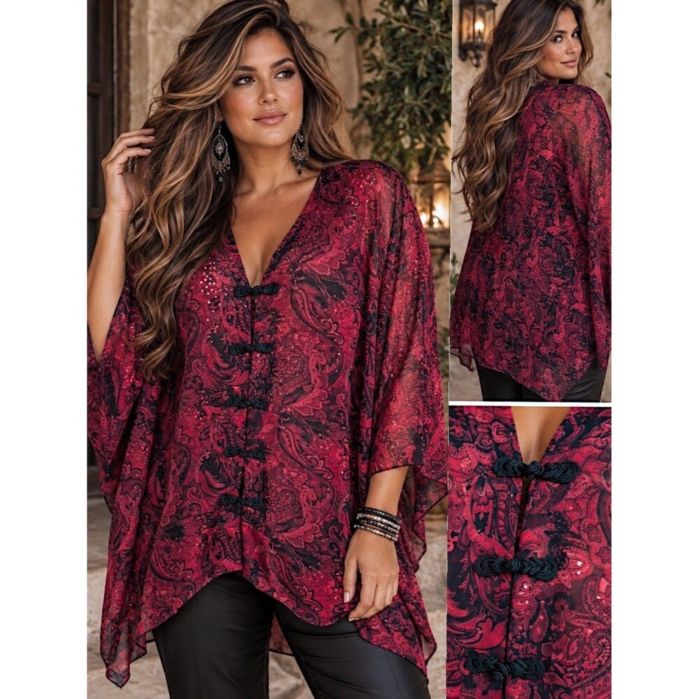 Maggie Barnes 6X Whimsigoth Sheer Paisley Tunic Sequin Boho Kimono Top Romantic